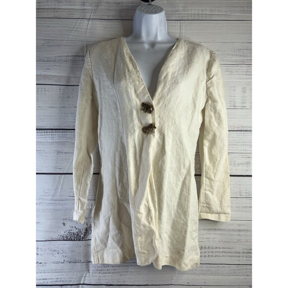 Miss Mariko Tan Linen Two Button Shirt Jacket Size Medium Animal Button beach - Picture 1 of 11